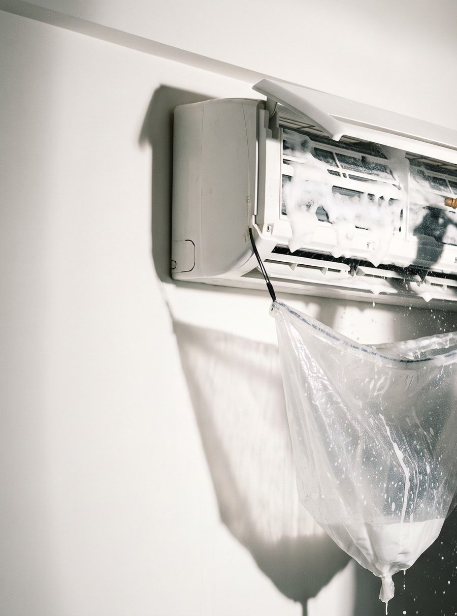Split AC indoor unit being foam-cleaned with a drip bag underneath